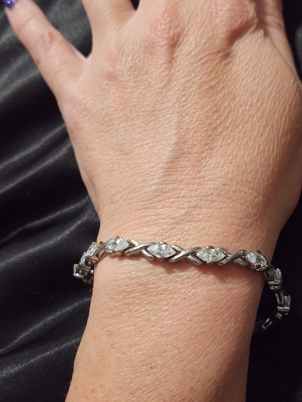 Silver Tone Marquise Link Tennis Bracelet with Clear Stones